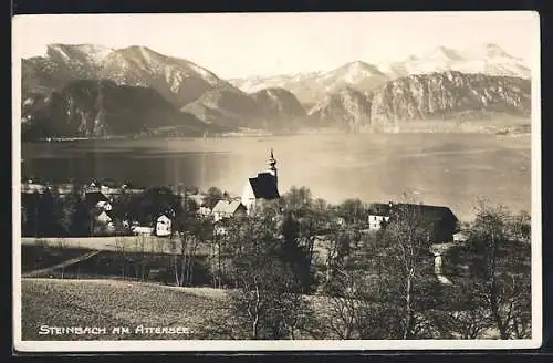 AK Steinbach am Attersee, Ortsansicht mit Kirche und See
