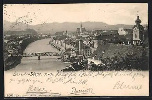 AK Steyr /Ob.-Oe., Ortsansicht mit Brücke aus der Vogelschau