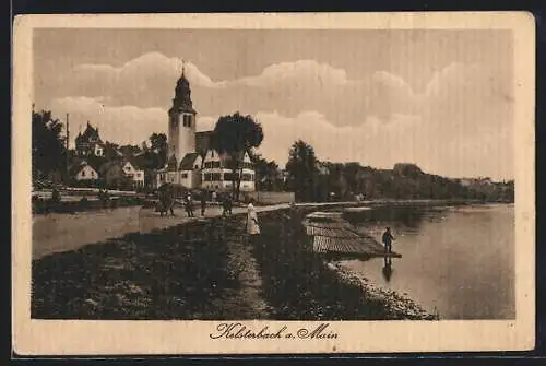AK Kelsterbach a. Main, Ortsansicht mit Kirche und Main