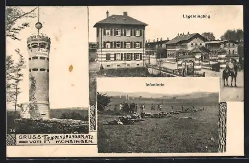 AK Münsingen, auf dem Truppenübungsplatz, Lagereingang, Turm Falkenhausen, Soldaten bei der Schiessübung