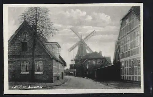 AK Borstel im Altenlande, Strassenpartie mit Windmühle