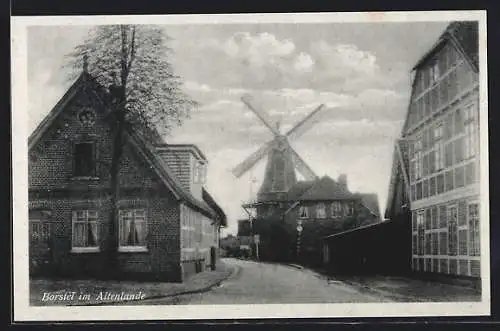 AK Borstel im Altenlande, Strassenpartie mit Windmühle