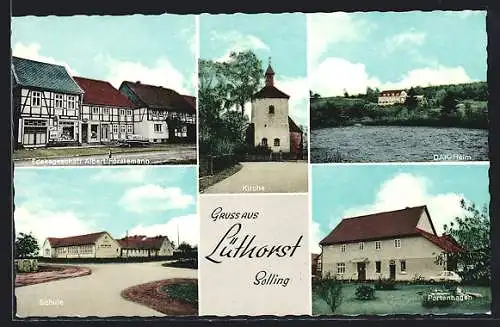 AK Lüthorst /Solling, Edekageschäft Albert Förstemann, Schule, Kirche, DAK-Heim, Portenhagen