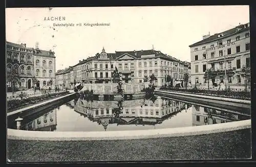 AK Aachen, Bahnhofplatz mit Hoyer`s Union Hotel und Kriegerdenkmal