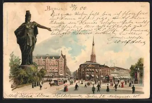 Lithographie Berlin, Alexanderplatz mit Pferdebahn mit Passanten