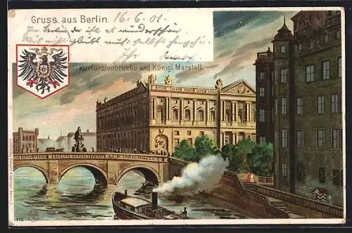 Lithographie Berlin, Kurfürstenbrücke und Königl. Marstall, Wappen