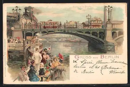 Lithographie Berlin, Jannowitzbrücke mit Strassenbahn und Passanten
