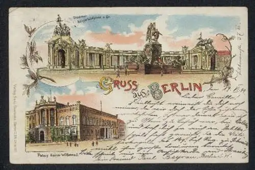 Lithographie Berlin, Denkmal Kaiser Wilhelms d. Gr., Palais Kaiser Wilhelms I.