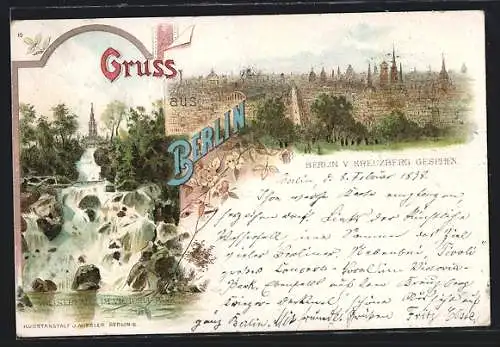 Lithographie Berlin-Kreuzberg, Wasserfall im Victoria-Park, Panorama