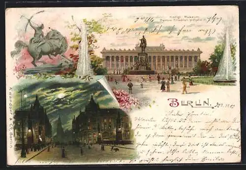 Lithographie Berlin, Königl. Museum Denkm. Friedrich Wilhelm III, Kaiser Wilhelm Brücke