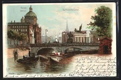 Lithographie Berlin, Schlossbrücke und Königl. Schloss