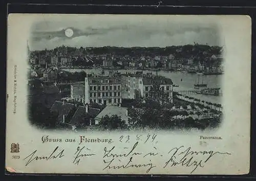 Mondschein-AK Flensburg, Panoramablick über die Stadt am Fluss