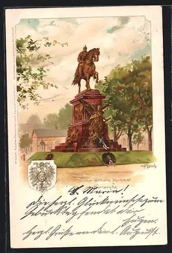 Künstler-Lithographie Carl Münch: Karlsruhe, Kaiser Wilhelm Denkmal