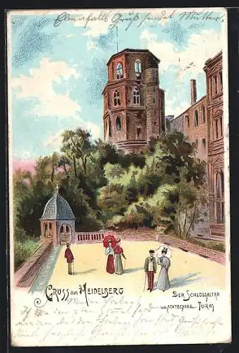 Lithographie Heidelberg, Der Schlossaltan u. d. achteckige Turm