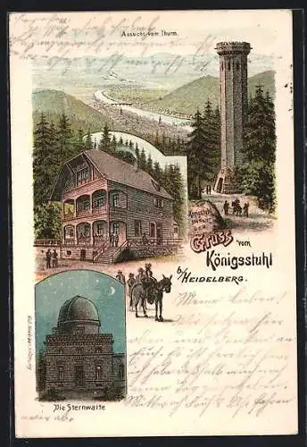 Lithographie Heidelberg, Königsstuhl, Aussicht vom Turm, Wirtschaftshaus, Sternwarte