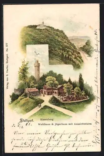Lithographie Stuttgart, Hasenberg, Gasthaus Waldhaus & Jägerhaus mit Aussichtsturm