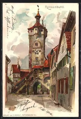 Lithographie Rothenburg / Tauber, Strassenpartie am Torturm