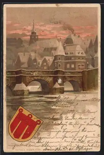 Künstler-AK Tübingen, Blick auf eine Brücke, Wappen