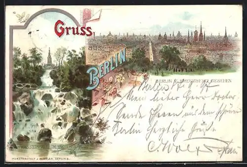 Lithographie Berlin-Kreuzberg, Wasserfall im Victoria-Park, Panorama