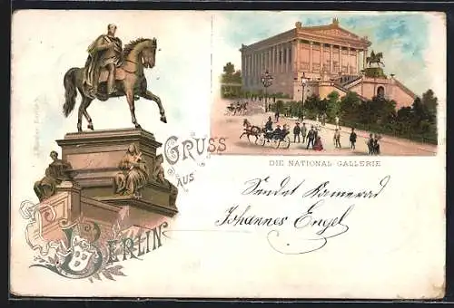 Lithographie Berlin, Reiter-Denkmal und National-Gallerie