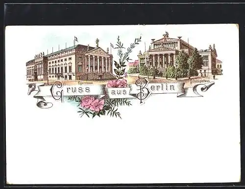 Lithographie Berlin, Opernhaus und Schauspielhaus