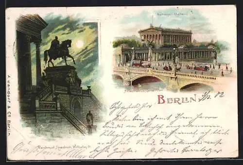 Lithographie Berlin, National-Gallerie, Denkmal Friedrich Wilhelm IV.