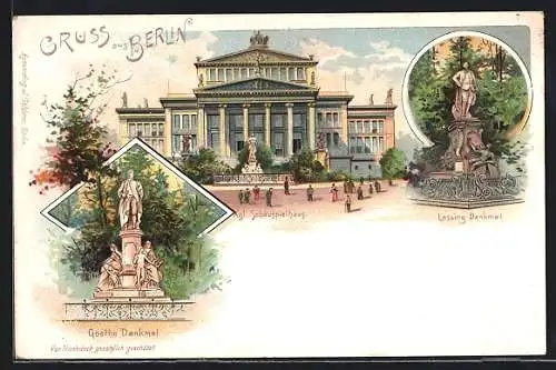 Lithographie Berlin, Goethe Denkmal, Lessing Denkmal, Kgl. Schauspielhaus, Gendarmenmarkt