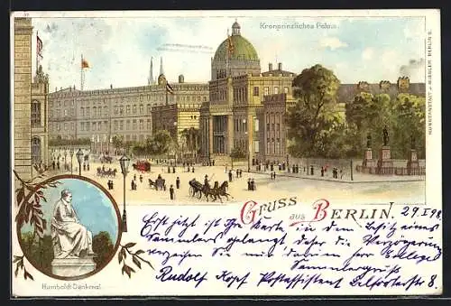 Lithographie Berlin, Humboldt-Denkmal, Kronprinzliches Palais, Kutsche
