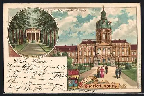 Lithographie Berlin-Charlottenburg, Kgl. Schloss Charlottenburg, Mausoleum im Schlosspark, Wappen