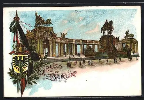 Lithographie Berlin, National Denkmal mit Passanten