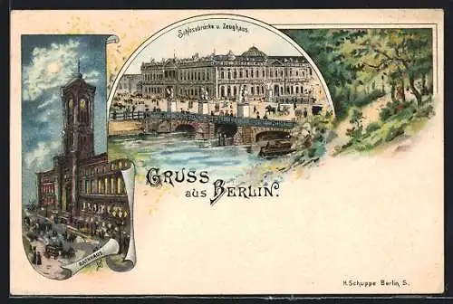 Lithographie Berlin, Schlossbrücke und Zeughaus, Rathaus