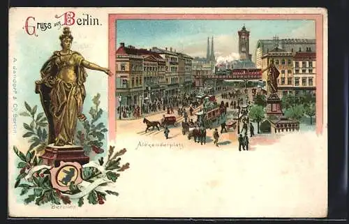 Lithographie Berlin, Alexanderplatz mit Berolina und Strassenbahn