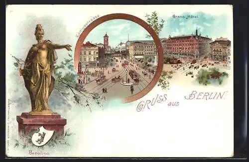 Lithographie Berlin, das Grand Hotel, Strassenbahnen auf der Königsstrasse