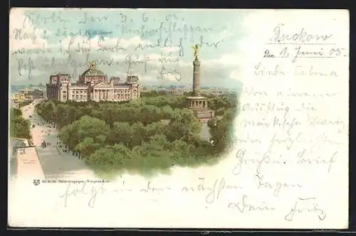 Lithographie Berlin-Tiergarten, Reichstag mit Siegessäule