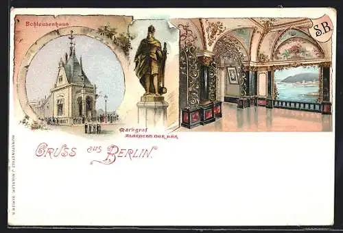 Lithographie Berlin, Schleusenhaus, Mühlendamm, Denkmal Markgraf Albrechts des Bären