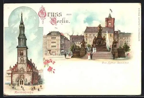 Lithographie Berlin, Lutherdenkmal und Marienkirche, Neuer Markt