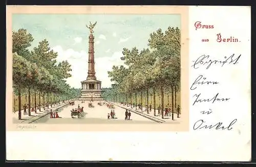 Lithographie Berlin-Tiergarten, Belebte Szene an der Siegessäule