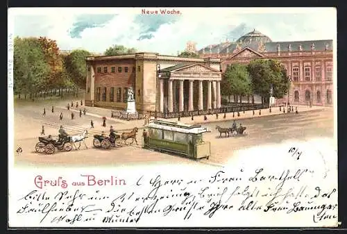 Lithographie Berlin, Strassenbahn an der Neuen Wache