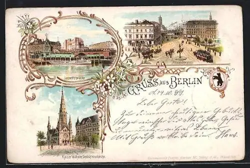 Lithographie Berlin, Janowitzbrücke, Kaiser Wilhelm Gedächtniskirche, Alexanderplatz