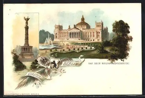 Lithographie Berlin-Tiergarten, Siegessäule, Springbrunnen