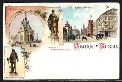 Lithographie Berlin, Am Mühlendamm, Strassenansicht, Schleusenhaus, Denkmal Markgraf Albrecht der Bär und Waldemar