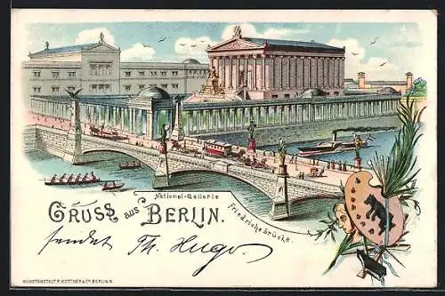 Lithographie Berlin, Friedrichsbrücke und Nationalgallerie