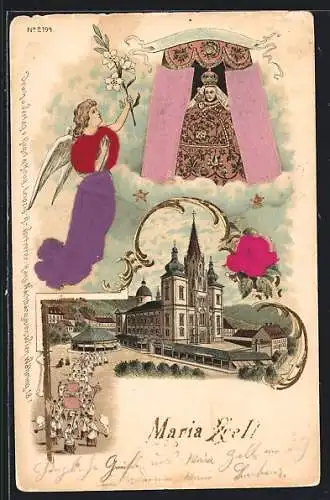 Lithographie Maria Zell, Kirche, Engel und Geistlicher mit aufgeklebten Stoffen
