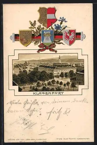 Lithographie Klagenfurt, Panorama und Wappen