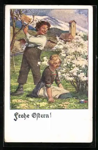 Künstler-AK Karl Friedrich Gsur: Kinderpaar mit Ostereiern auf einer Wiese, Ostergruss