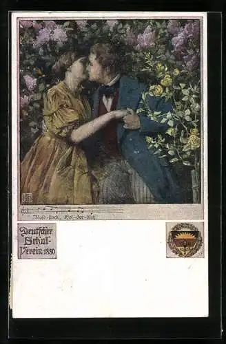 Künstler-AK Karl Friedrich Gsur, Deutscher Schulverein NR 460: Rosestock, Holderblüh, Paar küsst sich am Rosenstrauch