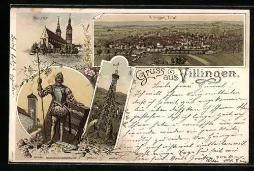 Lithographie Villingen / Schwarzwald, Münster, Romeus mit Speer, Totalansicht