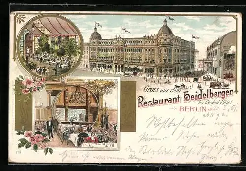 Lithographie Berlin, Restaurant Heidelberger im Central-Hotel, Aussen- und Innenansichten, Friedrichstrasse 143-149