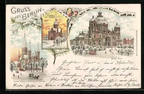 Winter-Lithographie Berlin, Neuer Dom, Kaiser Wilhelm Gedächtnis Kirche, Kirche z. heil. Kreuz