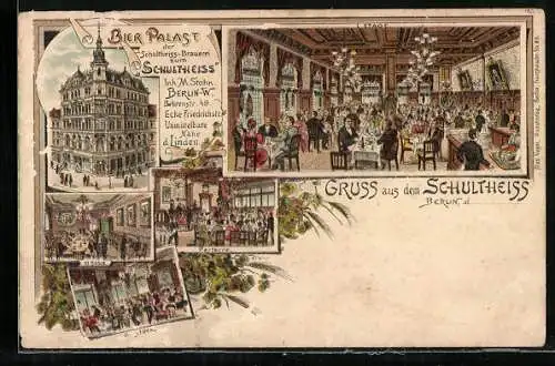 Lithographie Berlin, Gasthaus Schultheiss, Innenansichten Parterre und III. Stock, Behrenstrasse Ecke Friedrichstrasse